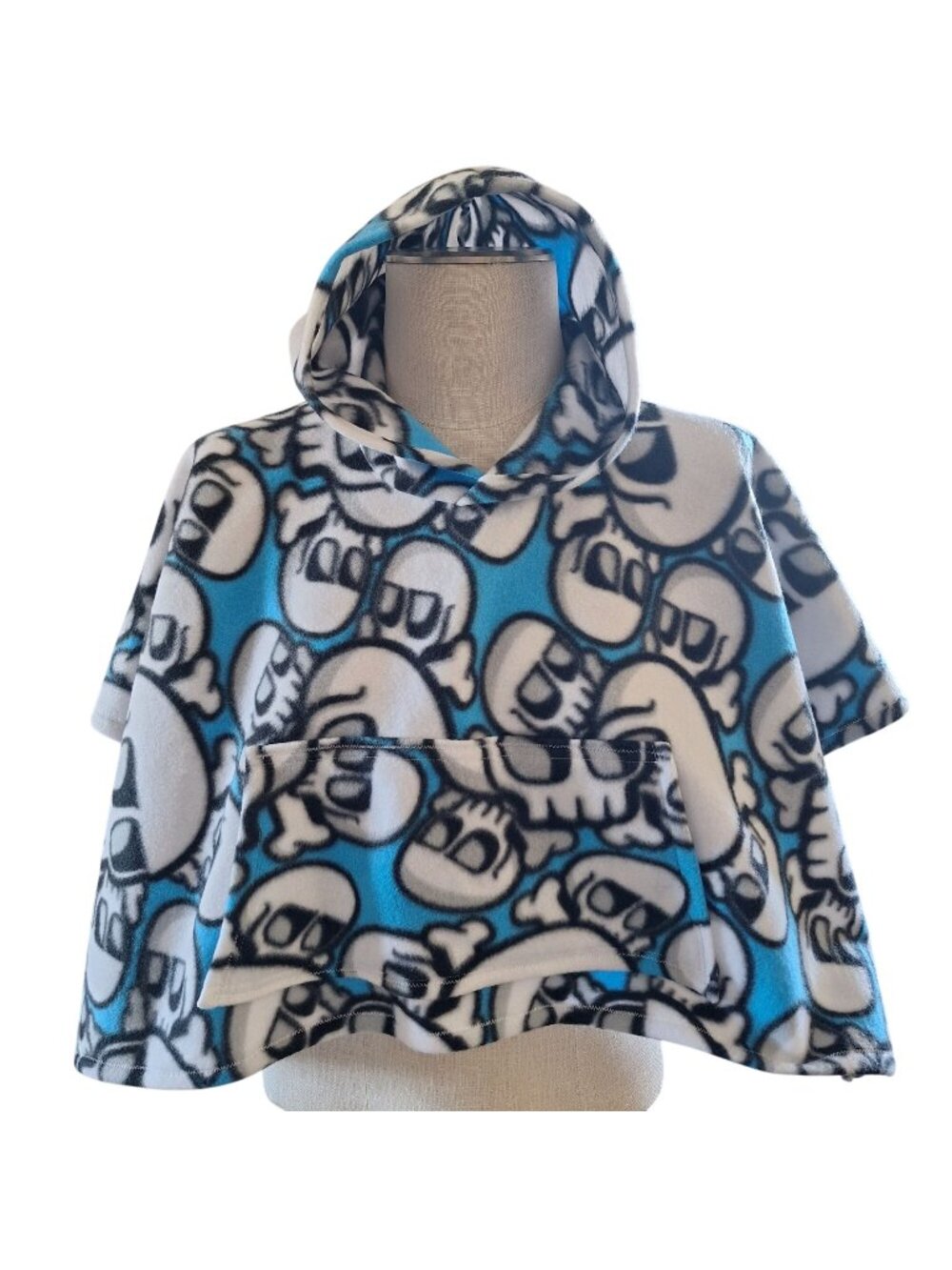 Fleece Handmade Kids  Skull Poncho W Pocket & Hood Car Seat Blue Black White